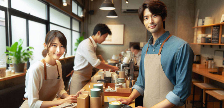 カフェで接客している夫婦
